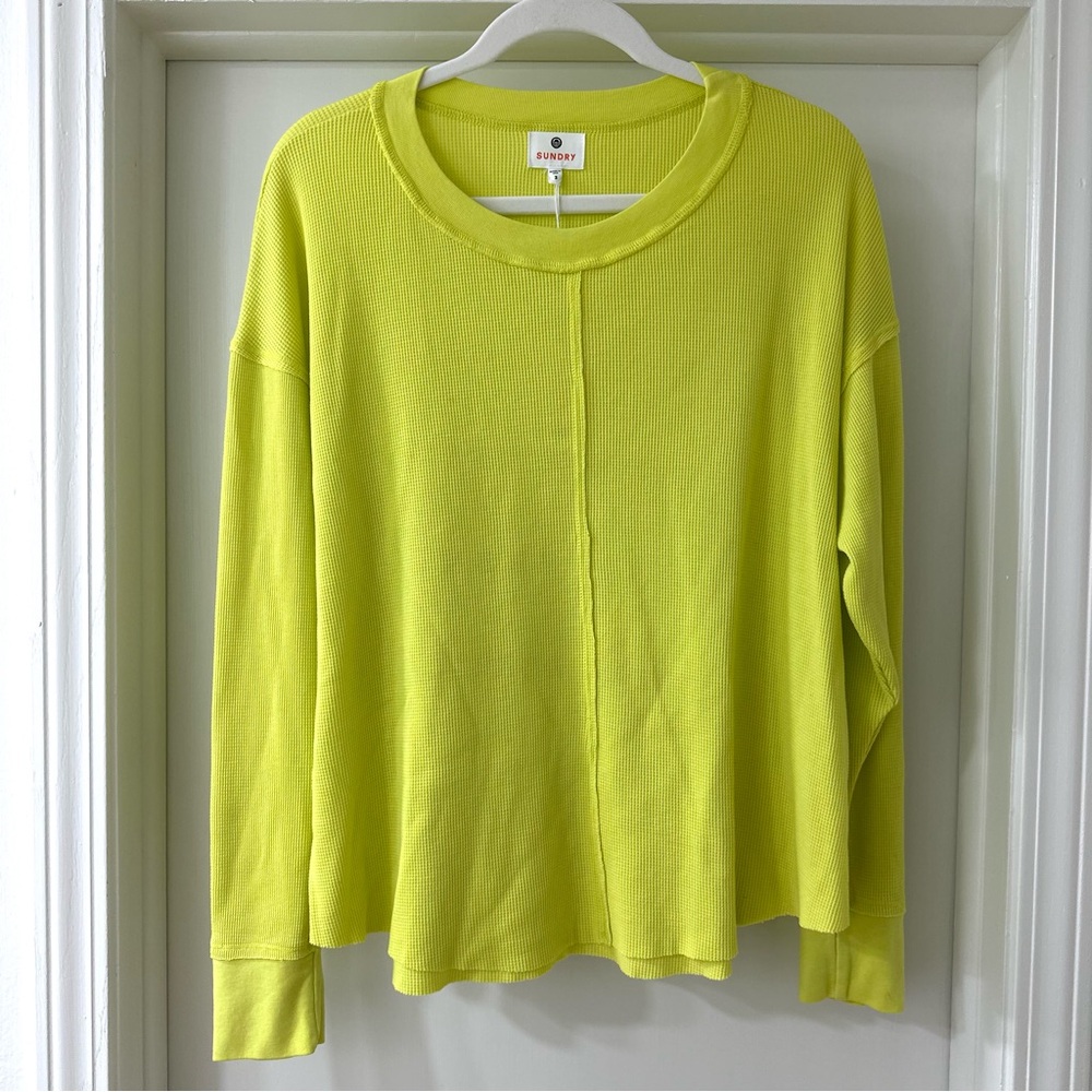 NWT Sundry Bright Yellow Dream American Waffle Print Long Sleeve Top, Size Large - Picture 2 of 9
